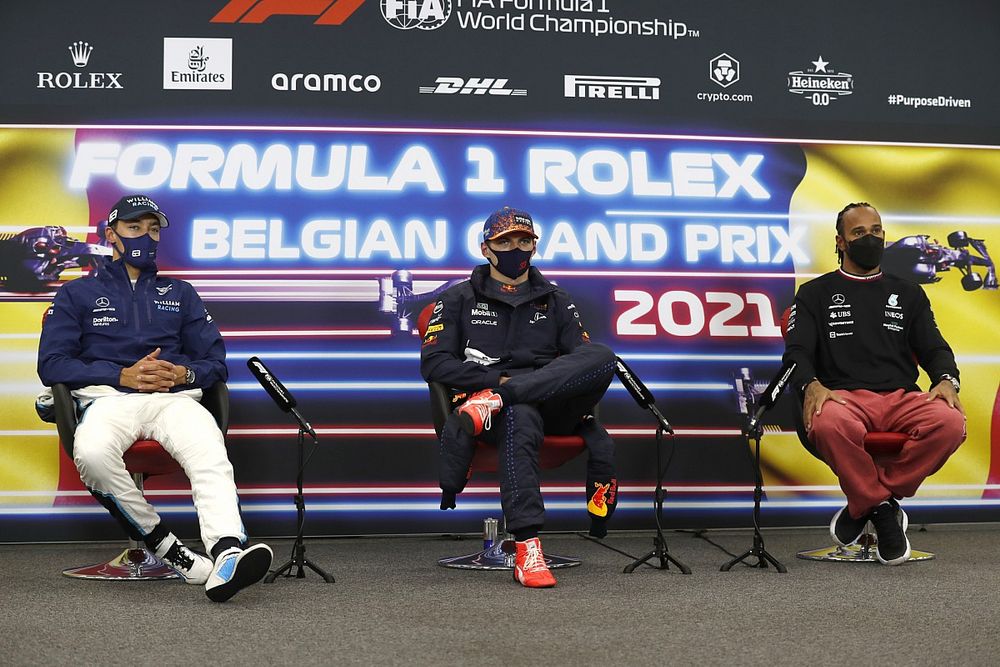 George Russell, Williams, pole man Max Verstappen, Red Bull Racing, and Lewis Hamilton, Mercedes, in the post Qualifying Press Conference