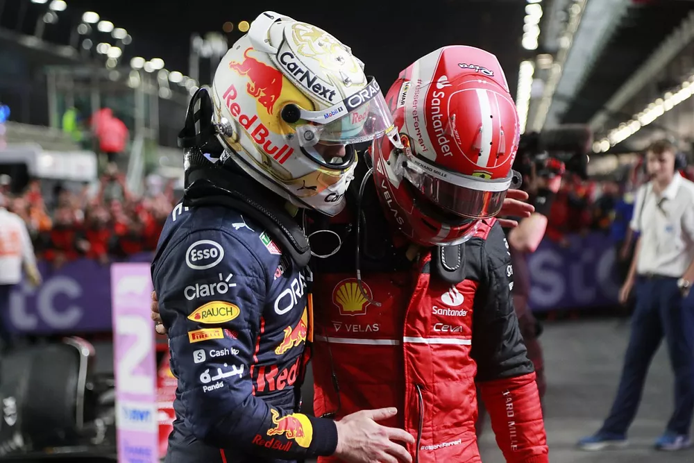 Max Verstappen, Red Bull Racing, 1st position, Charles Leclerc, Ferrari, 2nd position, congratulate each other in Parc Ferme