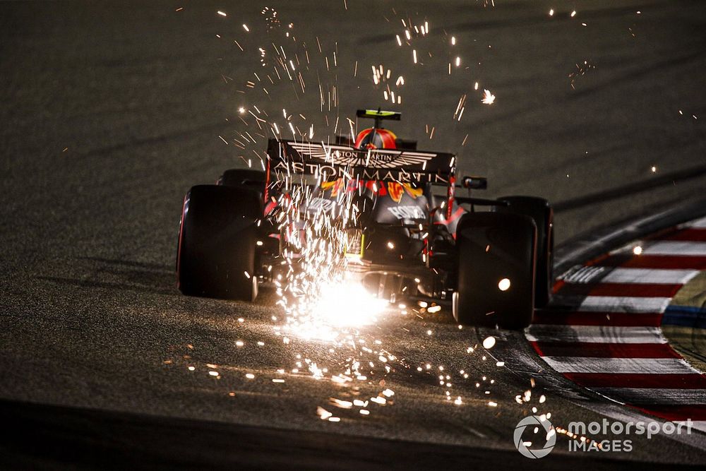 Sparks fly from Alex Albon, Red Bull Racing RB16