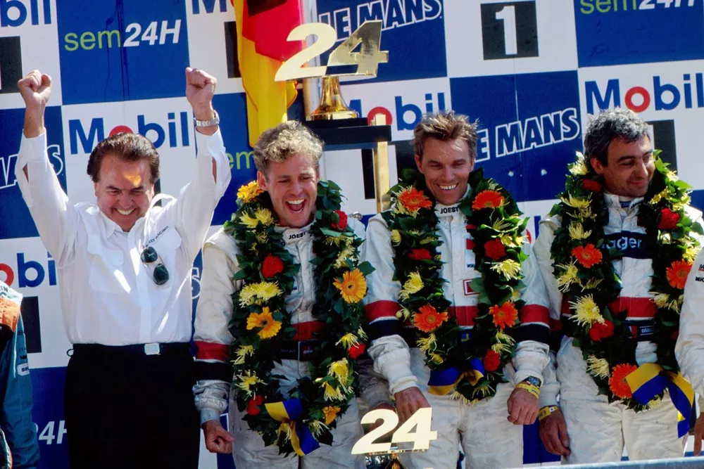 Race winners Tom Kristensen, Stefan Johansson, Michele Alboreto, Joest Team Porsche