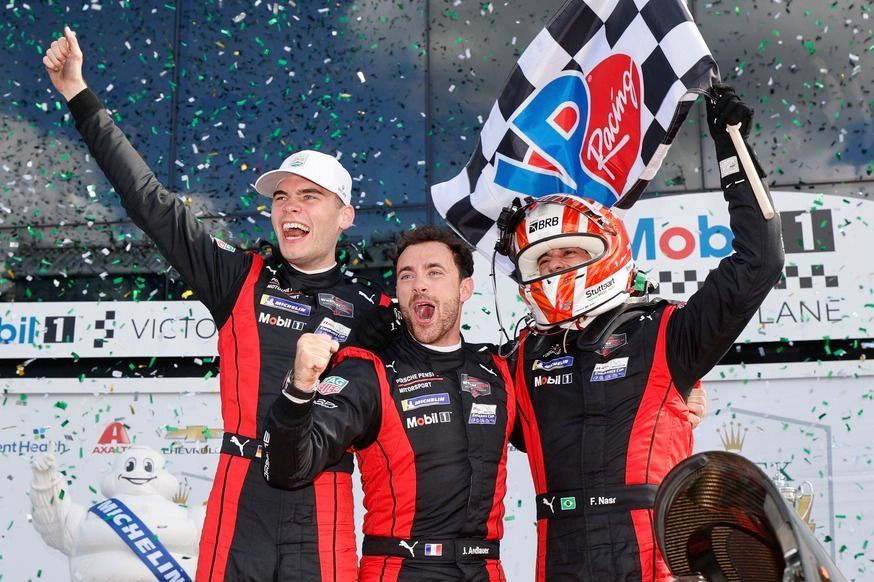Race winners Felipe Nasr, Laurin Heinrich and Julien Andlauer, Porsche Penske Motorsport