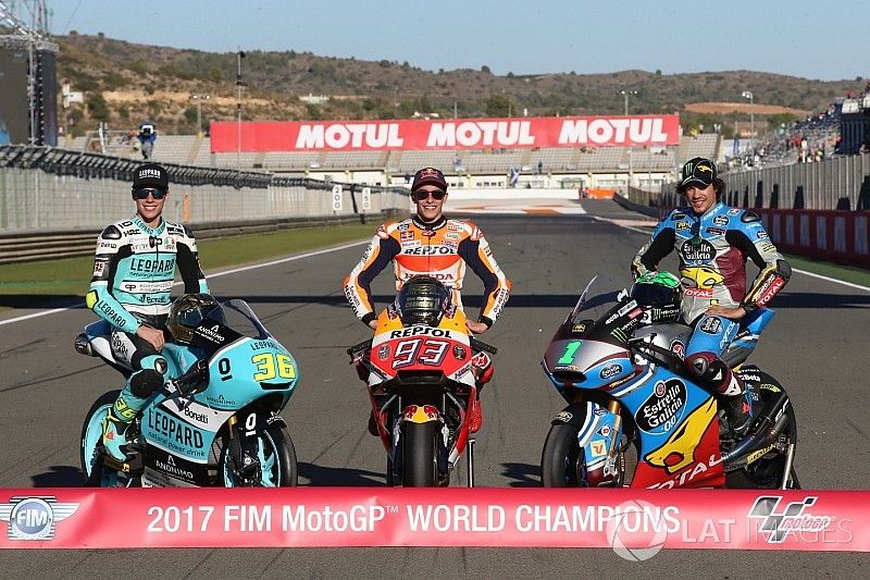 Los campeones de las tres categorías: Moto3 campeón Joan Mir, Leopard Racing MotoGP campeón Marc Márquez, Repsol Honda Team, Moto2 Campeón, Franco Morbidelli, Marc VDS