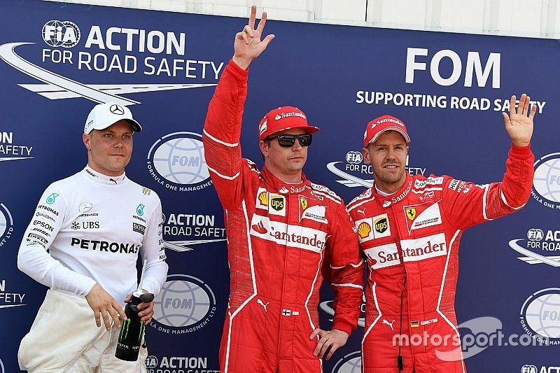 Polesitter Kimi Raikkonen, Ferrari, second place Sebastian Vettel, Ferrari, third place Valtteri Bottas, Mercedes AMG F1