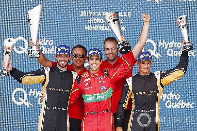 Winner Lucas di Grassi, ABT Schaeffler Audi Sport, celebrates on the podium with Jean-Eric Vergne, Techeetah, and Stéphane Sarrazin, Techeetah