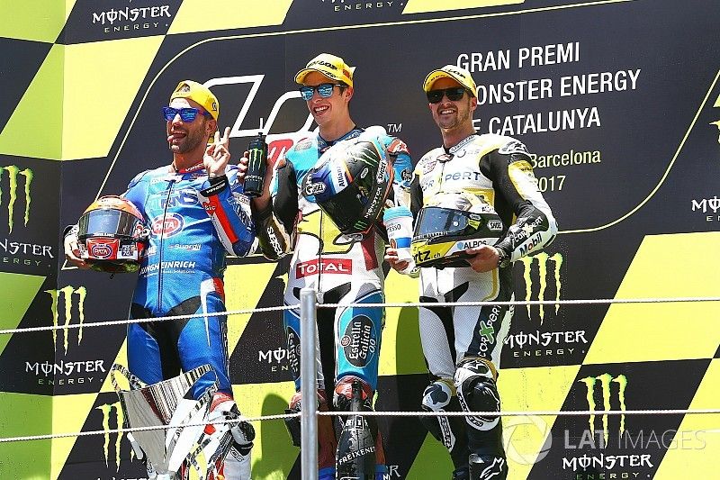 Podium : deuxième place pour Mattia Pasini, Italtrans Racing Team, victoire pour Alex Marquez, Marc VDS, troisième place pour Thomas Luthi, CarXpert Interwetten