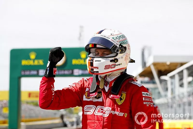 Pole man Sebastian Vettel, Ferrari, celebrates
