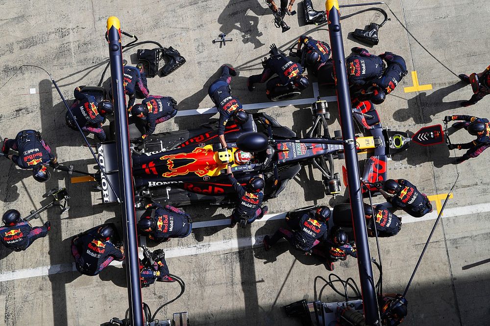 Sergio Perez, Red Bull Racing RB16B , in the pits