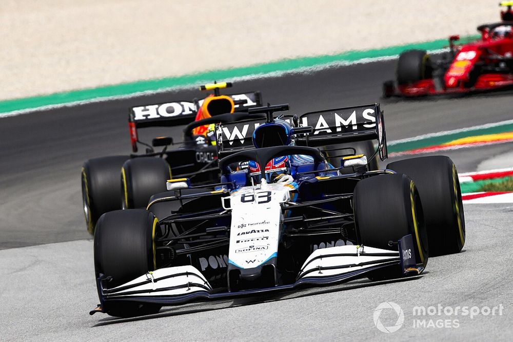 George Russell, Williams FW43B, Sergio Perez, Red Bull Racing RB16B, and Carlos Sainz Jr., Ferrari SF21