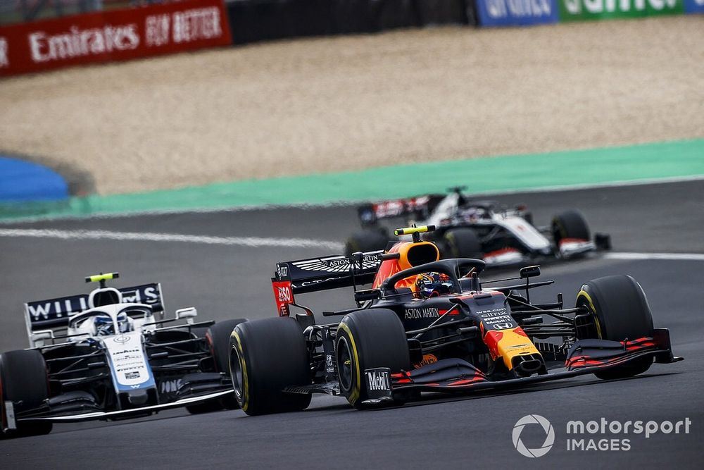 Alex Albon, Red Bull Racing RB16, Nicholas Latifi, Williams FW43, and Romain Grosjean, Haas VF-20