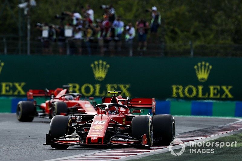 Charles Leclerc, Ferrari SF90, leads Sebastian Vettel, Ferrari SF90