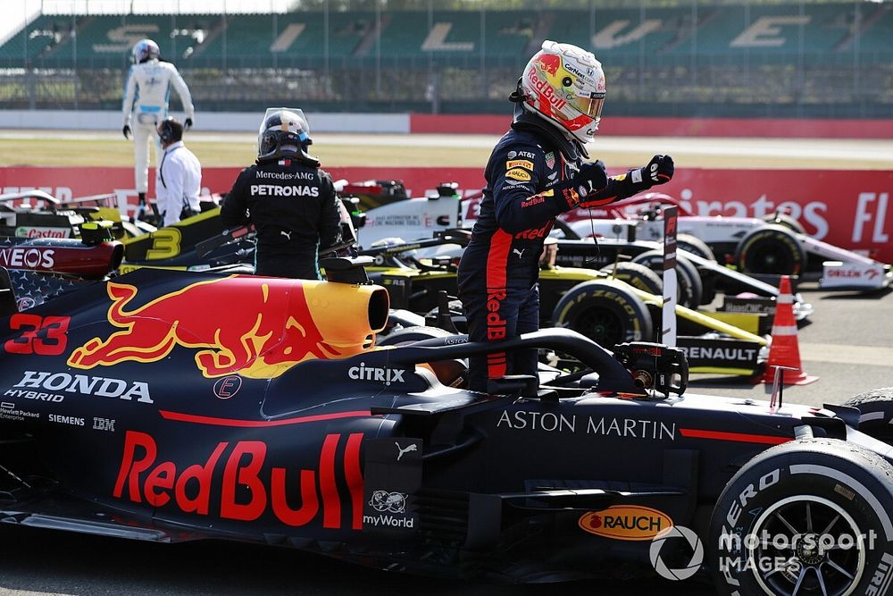 Race winner Max Verstappen, Red Bull Racing RB16, celebrates in Parc Ferme