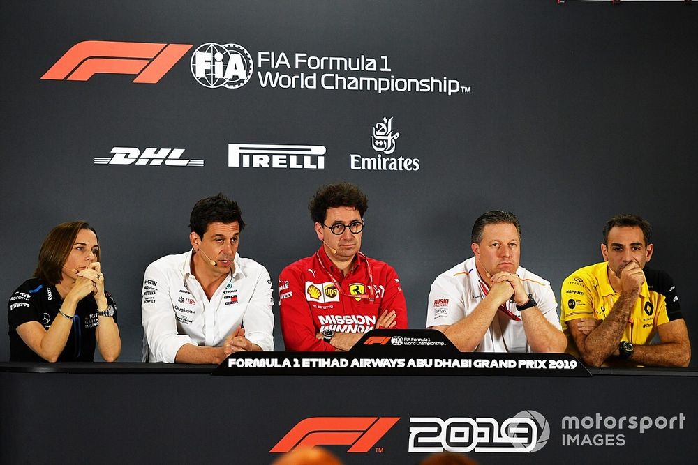 Claire Williams, Deputy Team Principal, Williams Racing, Toto Wolff, Executive Director (Business), Mercedes AMG, Mattia Binotto, Team Principal Ferrari, Zak Brown, Executive Director, McLaren, and Cyril Abiteboul, Managing Director, Renault F1 Team 