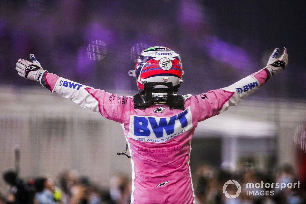 Sergio Perez, Racing Point, 1st position, celebrates in Parc Ferme