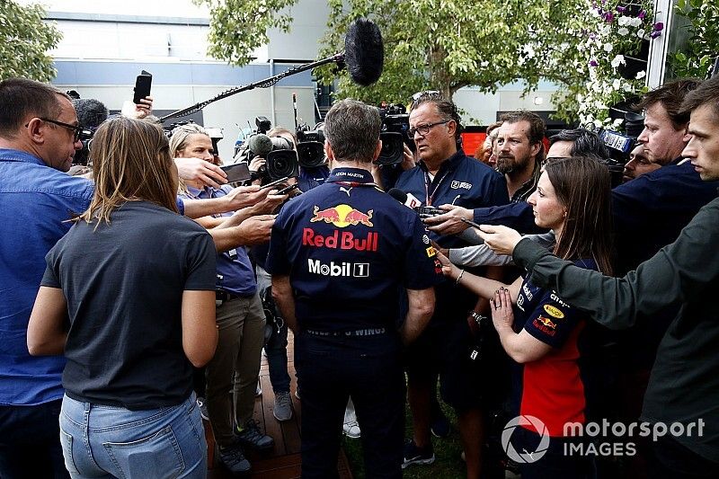 Christian Horner, Team Principal, Red Bull Racing talks to the press 