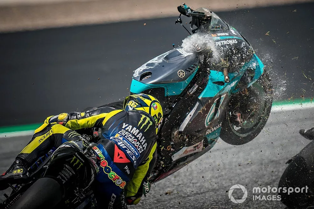 Valentino Rossi, Yamaha Factory Racing, and the bike of Franco Morbidelli, Petronas Yamaha SRT crash
