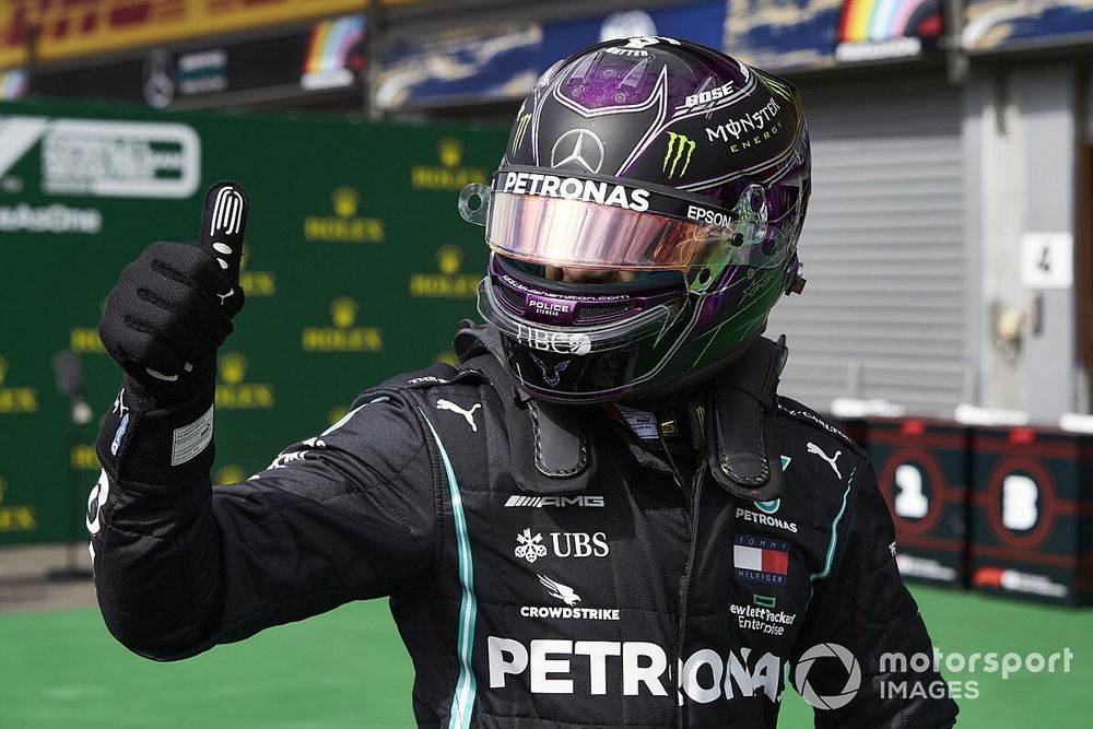 Lewis Hamilton, Mercedes-AMG Petronas F1, celebrates pole in Parc Ferme