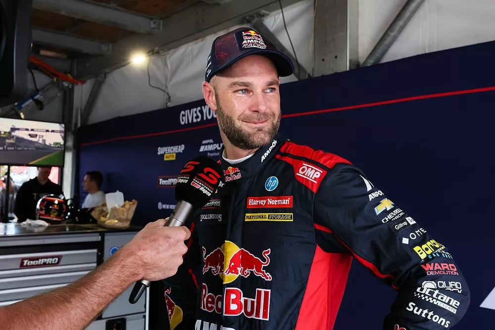 Shane van Gisbergen, Triple Eight Race Engineering, Chevrolet Camaro, celebrates after qualifying