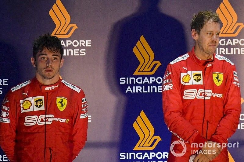 Charles Leclerc, Ferrari, le vainqueur Sebastian Vettel, Ferrari et Max Verstappen, Red Bull Racing sur le podium 