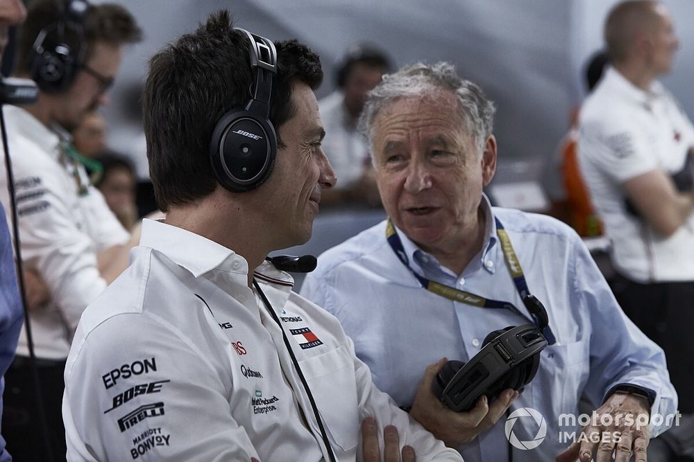 Toto Wolff, Executive Director (Business), Mercedes AMG, watches Qualifying with Jean Todt, President, FIA