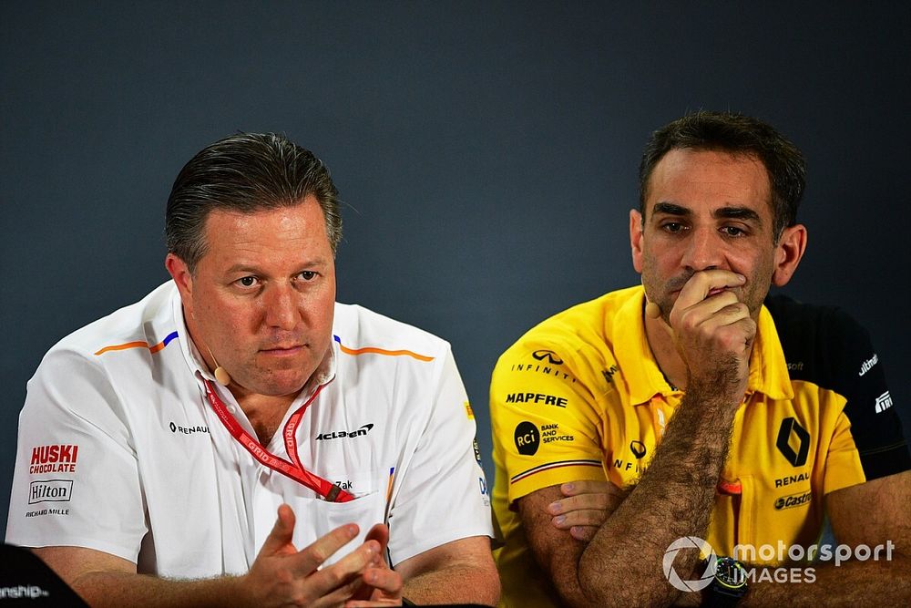 Zak Brown, Executive Director, McLaren, and Cyril Abiteboul, Managing Director, Renault F1 Team 