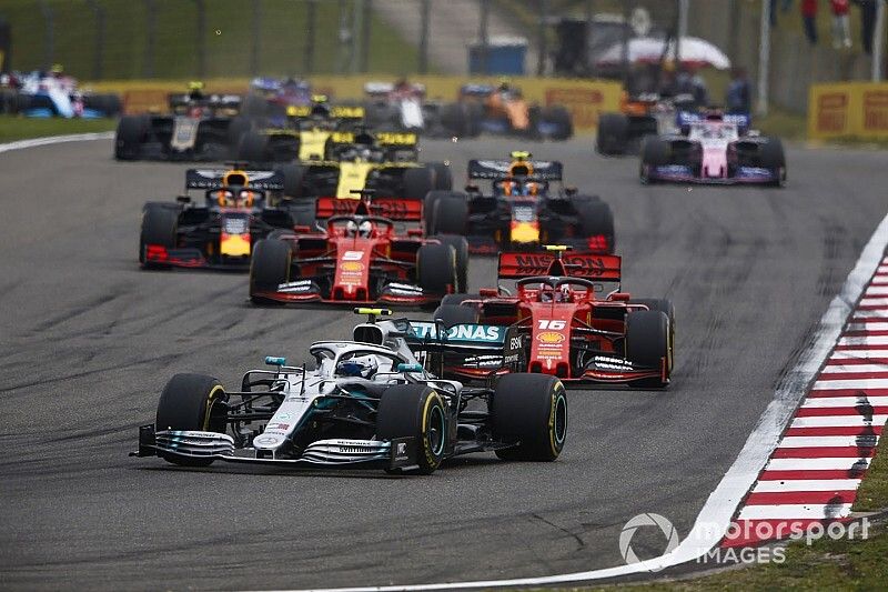 Valtteri Bottas, Mercedes AMG W10, leads Charles Leclerc, Ferrari SF90, Sebastian Vettel, Ferrari SF90, Max Verstappen, Red Bull Racing RB15, and Pierre Gasly, Red Bull Racing RB15