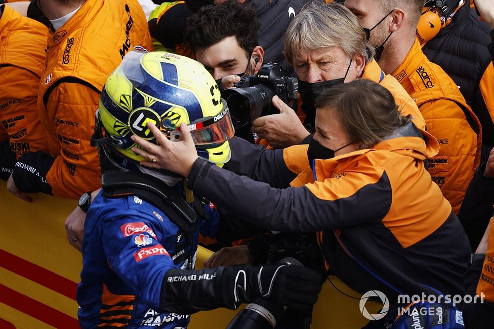 Lando Norris, McLaren, 3rd position, is congratulated after the race