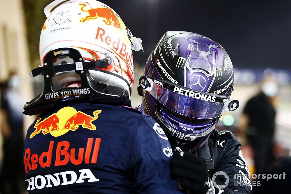 Max Verstappen, Red Bull Racing, congratulates race winner Lewis Hamilton, Mercedes, in Parc Ferme