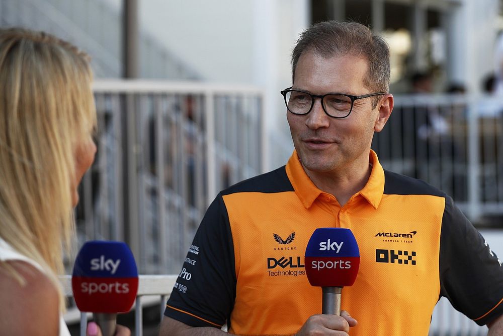 Andreas Seidl, Team Principal, McLaren, is interviewed by Rachel Brookes, Sky Sports F1