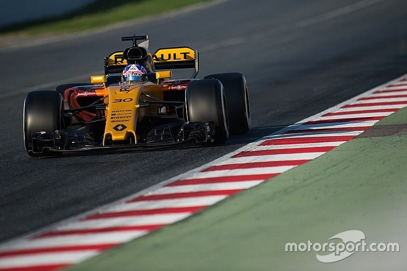 Jolyon Palmer, Renault Sport F1 Team RS17 flujo sobre la pintura del coche