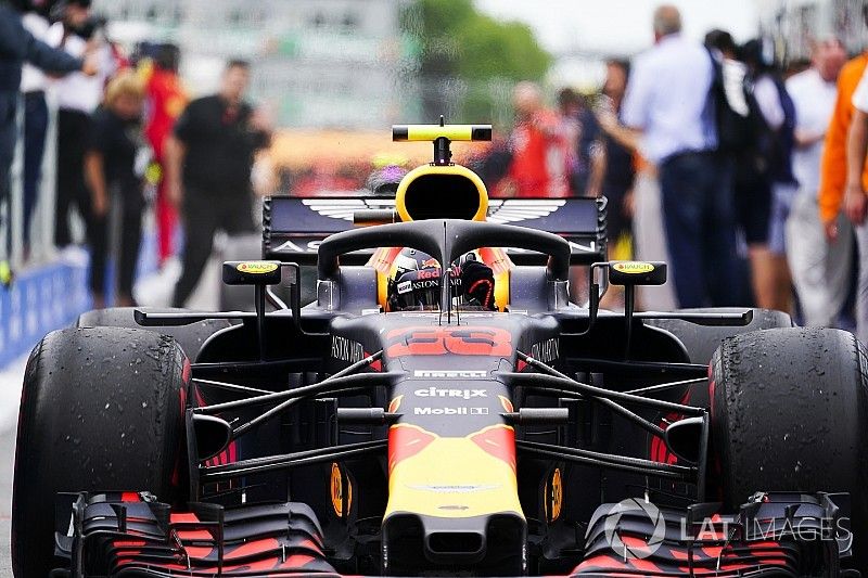 Max Verstappen, Red Bull Racing RB14, 3rd position, drives into Parc Ferme