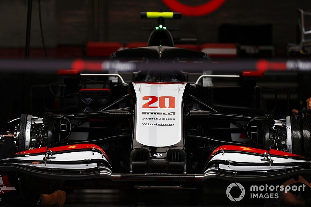 The Kevin Magnussen Haas VF-20 in the team's garage