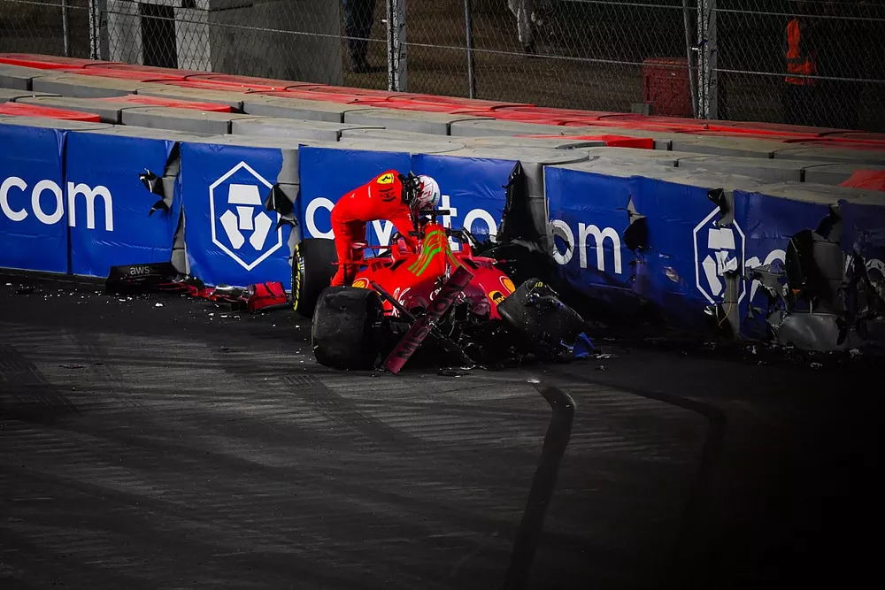 Charles Leclerc, Ferrari, crashes out of FP2
