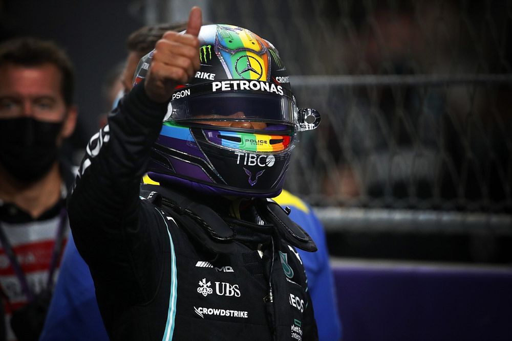 Lewis Hamilton, Mercedes, celebrates in Parc Ferme after securing pole