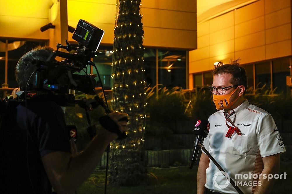 Andreas Seidl, Team Principal, McLaren, talks to the press 