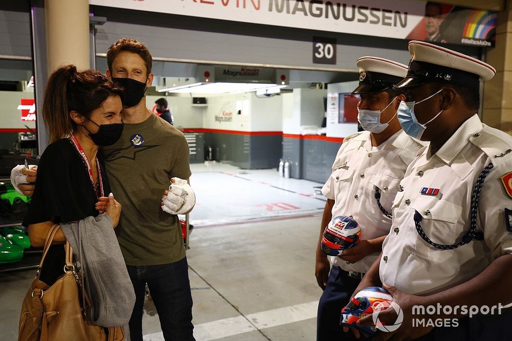 Romain Grosjean, Haas F1 with Marion Grosjean meet the staff who helped him in his crash at last Grand Prix  