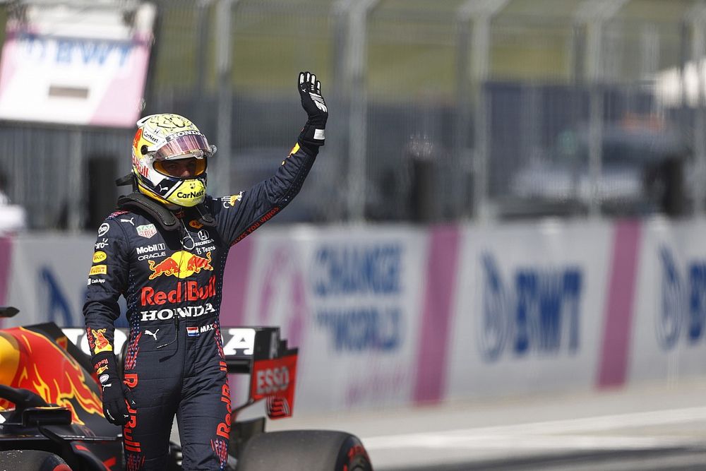 Pole man Max Verstappen, Red Bull Racing, celebrates in Parc Ferme