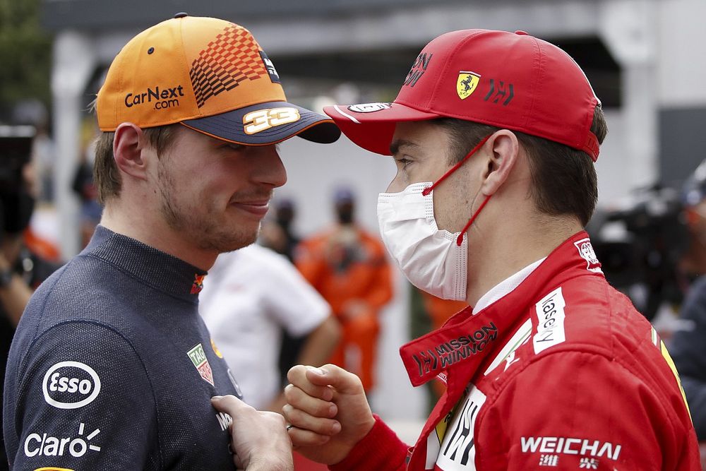 Max Verstappen, Red Bull Racing, congratulates Charles Leclerc, Ferrari, on securing pole