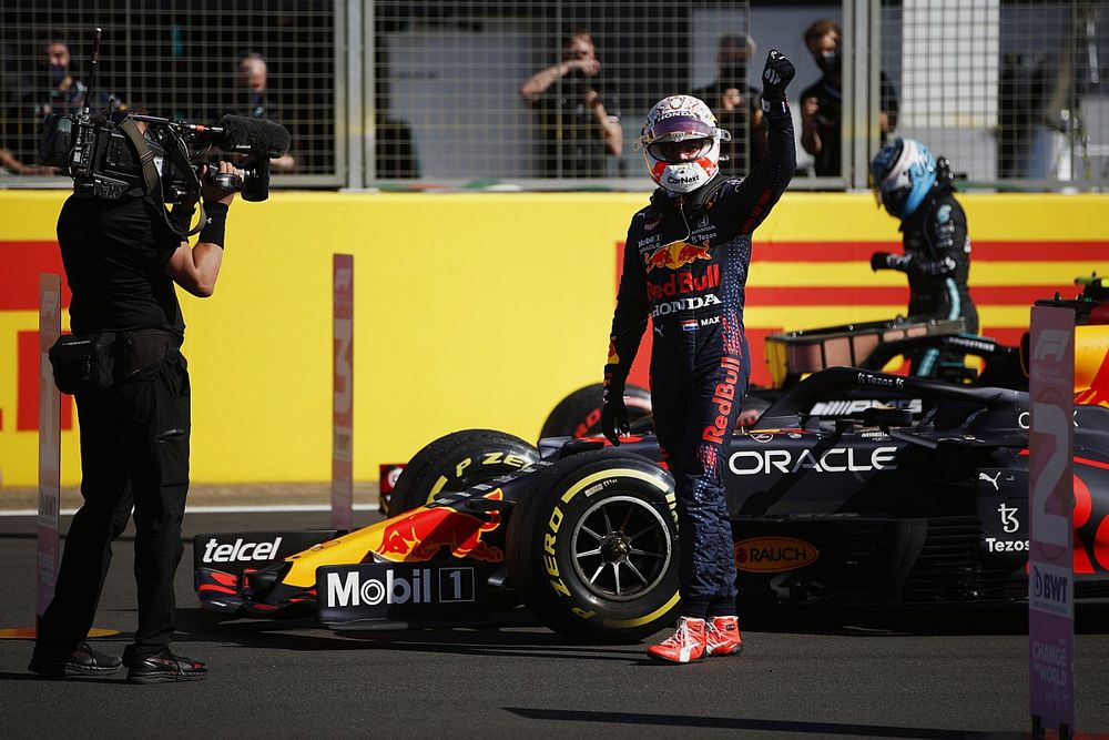 Max Verstappen, Red Bull Racing, 1st position, celebrates after winning the sprint race