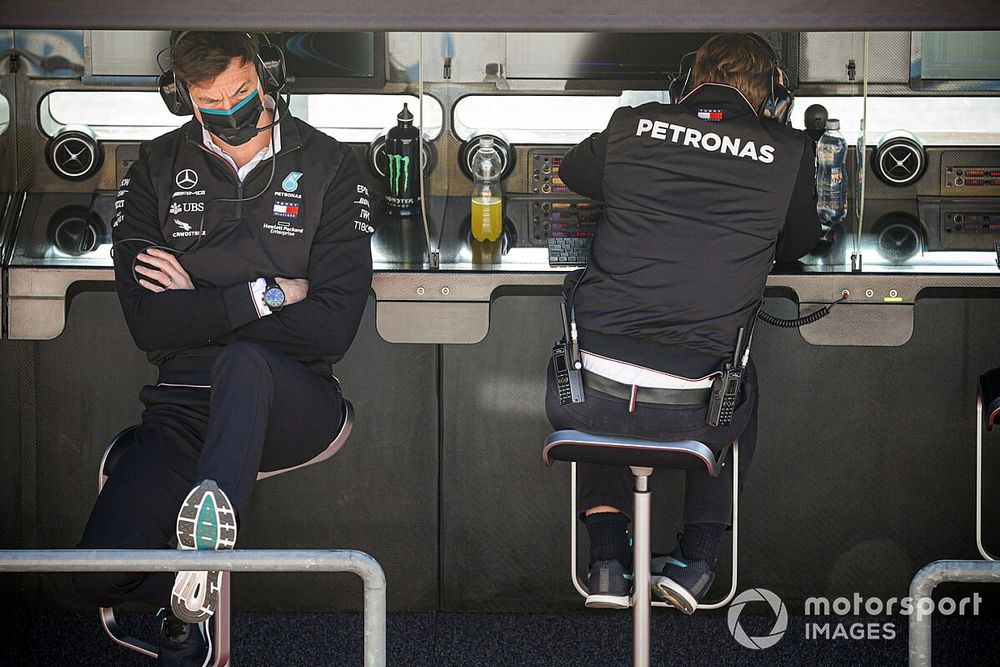 Toto Wolff, Executive Director (Business), Mercedes AMG, on the pit wall