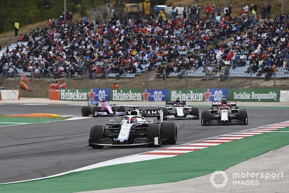 George Russell, Williams FW43, Antonio Giovinazzi, Alfa Romeo Racing C39, Daniil Kvyat, AlphaTauri AT01, and Sergio Perez, Racing Point RP20