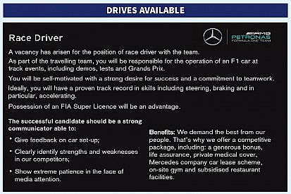 Mercedes s'offre une petite annonce dans Autosport pour recruter un pilote