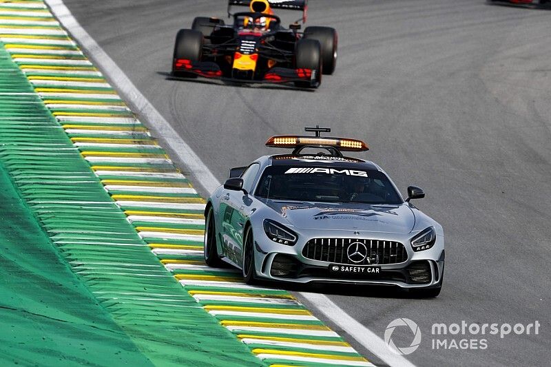 Max Verstappen, Red Bull Racing RB15 and Alexander Albon, Red Bull RB15 behind the Safety Car 