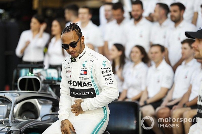 Lewis Hamilton, Mercedes AMG F1, poses for a group photo