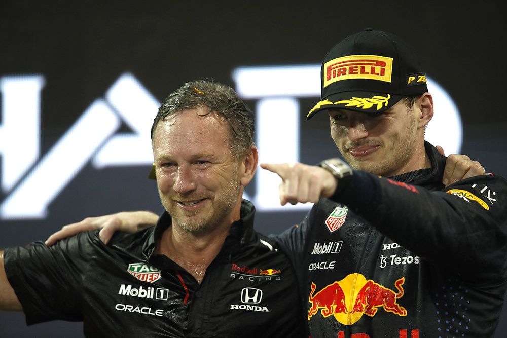 2021 drivers champion Max Verstappen, Red Bull Racing, 1st position, Christian Horner, Team Principal, Red Bull Racing, celebrate on the podium