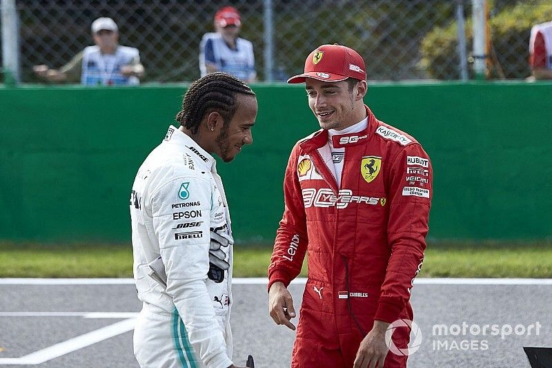 Lewis Hamilton, Mercedes AMG F1 and Pole Sitter Charles Leclerc, Ferrari in Parc Ferme 