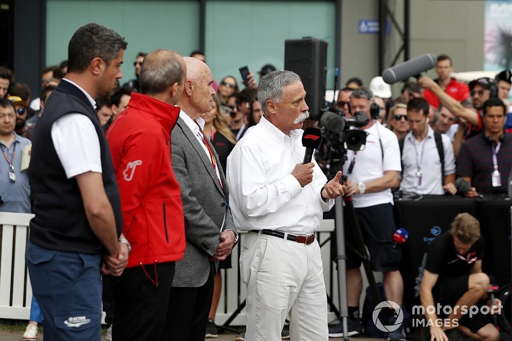 Chase Carey, Chairman, Formula 1 talks to the press 