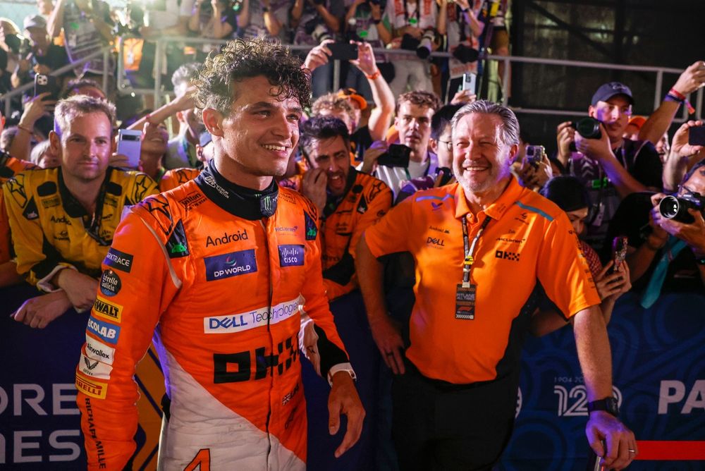 Lando Norris, McLaren F1 Team, 1st position, Zak Brown, CEO, McLaren Racing, and the McLaren team celebrate in Parc Ferme