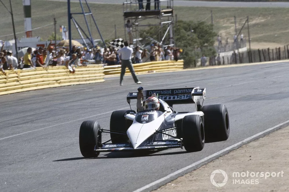 Nelson Piquet, Brabham BT52B BMW, punches the air at the finish
