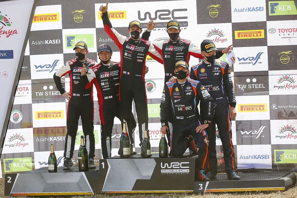 Podium: Winner Sébastien Ogier, Julien Ingrassia, Toyota Gazoo Racing WRT Toyota Yaris WRC, second place Takamoto Katsuta, Daniel Barritt, Toyota Gazoo Racing WRT Toyota Yaris WRC, third place Ott Tänak, Martin Järveoja, Hyundai Motorsport Hyundai i20 Coupe WRC