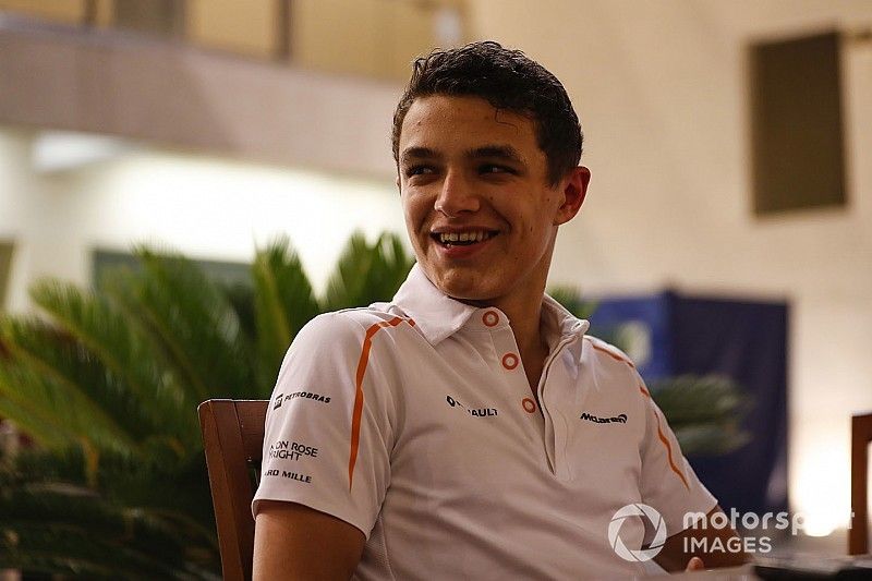 Lando Norris, McLaren, talks to the media